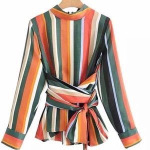 NEW! Women's wrapped waist striped long sleeve top